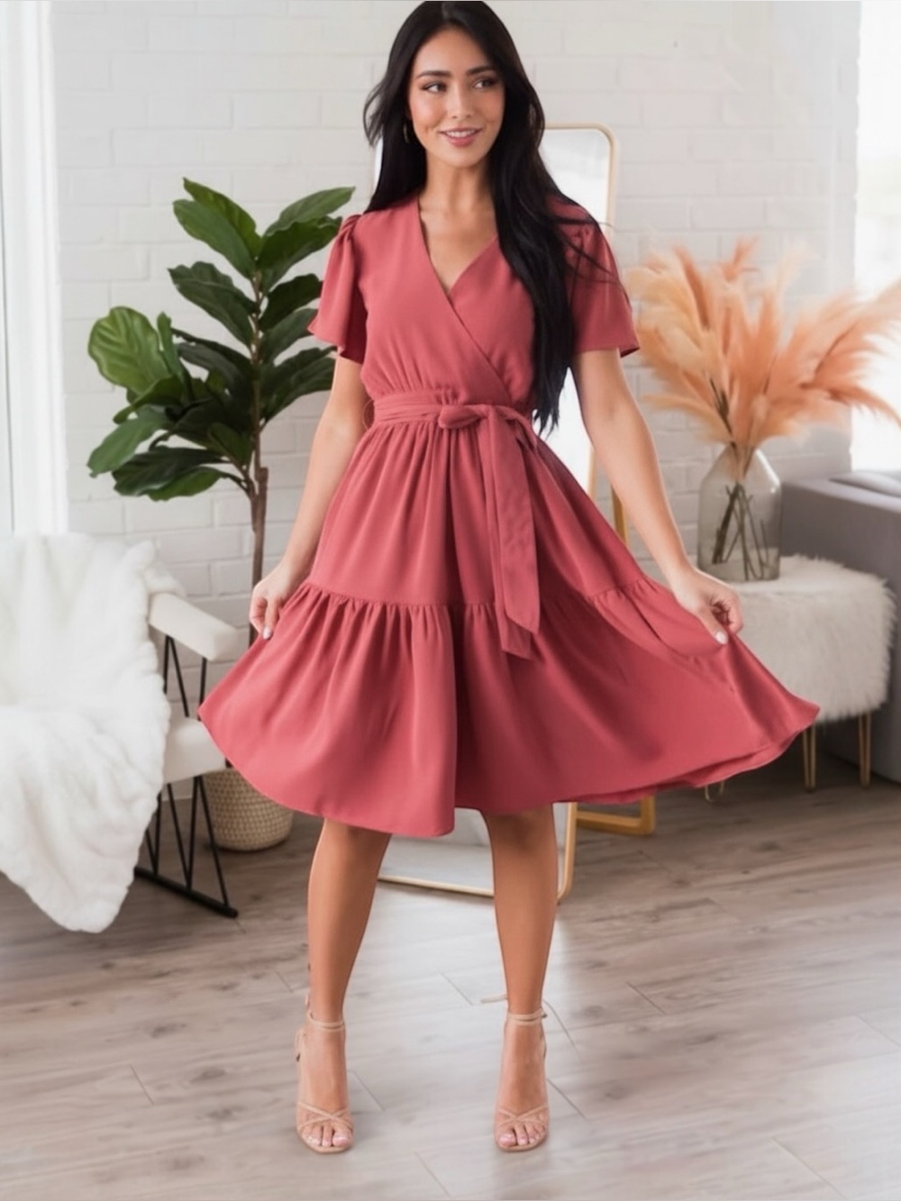 Mikarose THE ELYSE  Mid-Rise Modest Dress, Fluttef Sleeves, Color Rio Ref, Large